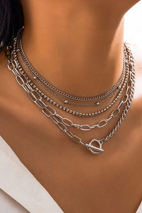 Silver 5pcs Layered Chain Collarbone Necklaces Set