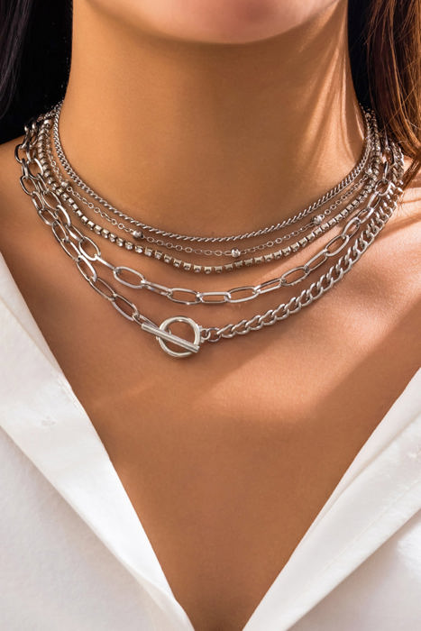 Silver 5pcs Layered Chain Collarbone Necklaces Set