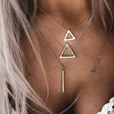 Silver Boho Triangle Bar Pendant Multilayer Necklace