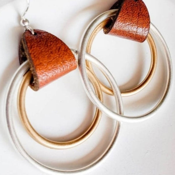 Silver Faux Leather Double Layered Circle Earrings