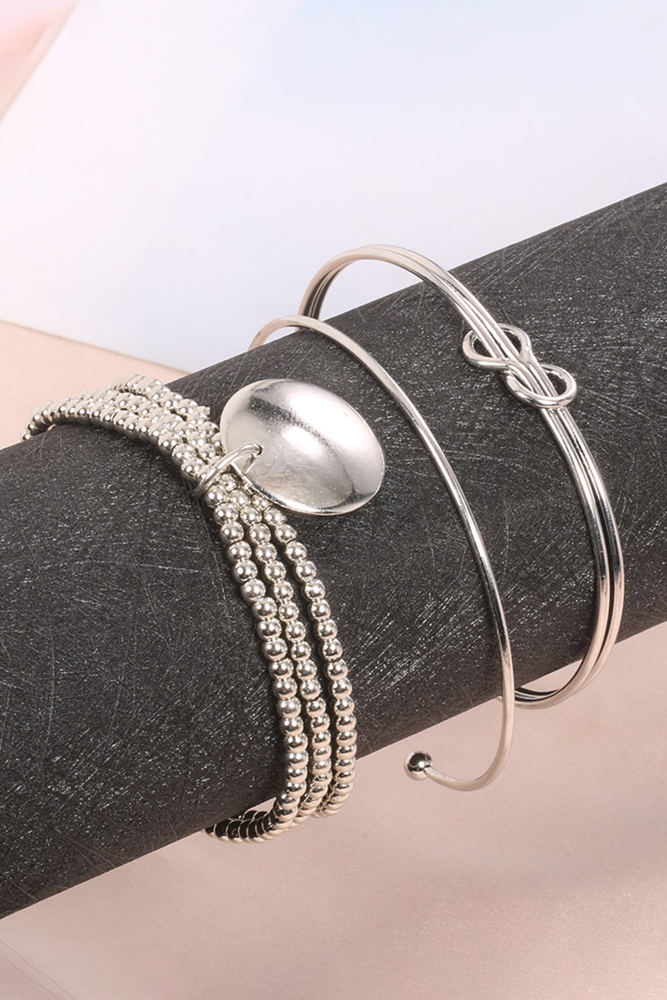 Silver Knotted Beaded 3-piece Bracelet Set