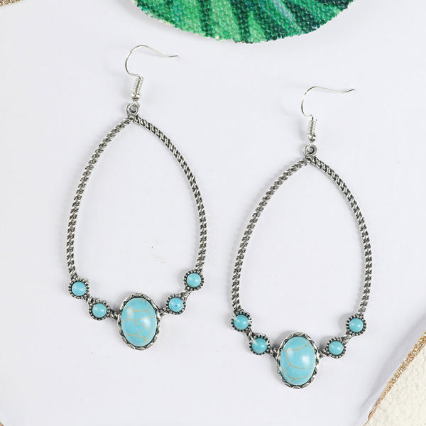 Silver Western Turquoise Water Drop Hook Earrings