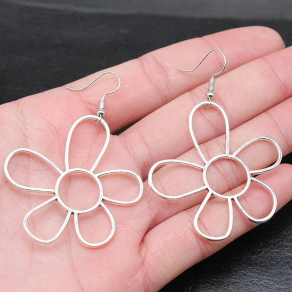 Silvery Alloy Hollowed Flower Hook Earrings