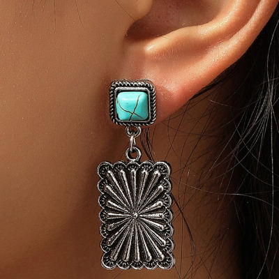 Silvery Retro Western Geometric Turquoise Stud Earrings