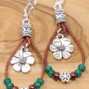  Silvery Western Leather Beaded Floral Dangle Earrings