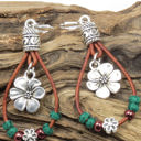  Silvery Western Leather Beaded Floral Dangle Earrings