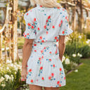  Siya Blue Stripe Floral Ruffle Short Sleeve Belted Mini Dress