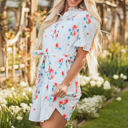  Siya Blue Stripe Floral Ruffle Short Sleeve Belted Mini Dress