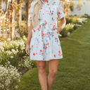  Siya Blue Stripe Floral Ruffle Short Sleeve Belted Mini Dress