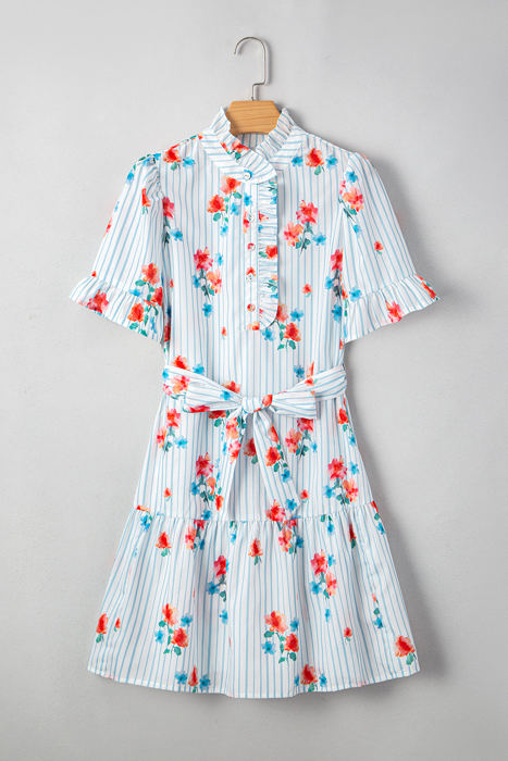 Siya Blue Stripe Floral Ruffle Short Sleeve Belted Mini Dress