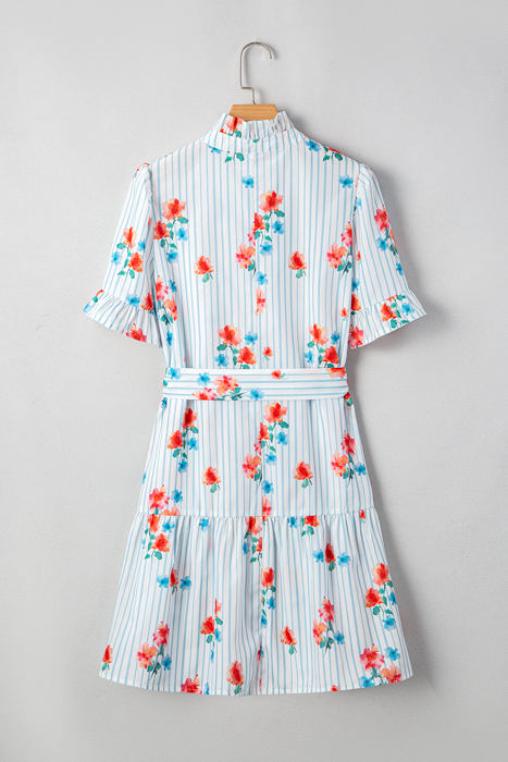 Siya Blue Stripe Floral Ruffle Short Sleeve Belted Mini Dress