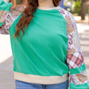  Sky Blue Plus Size Plaid Floral Patchwork Raglan Sleeve Sweatshirt