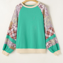  Sky Blue Plus Size Plaid Floral Patchwork Raglan Sleeve Sweatshirt