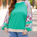 Sky Blue 3X Sky Blue Plus Size Plaid Floral Patchwork Raglan Sleeve Sweatshirt