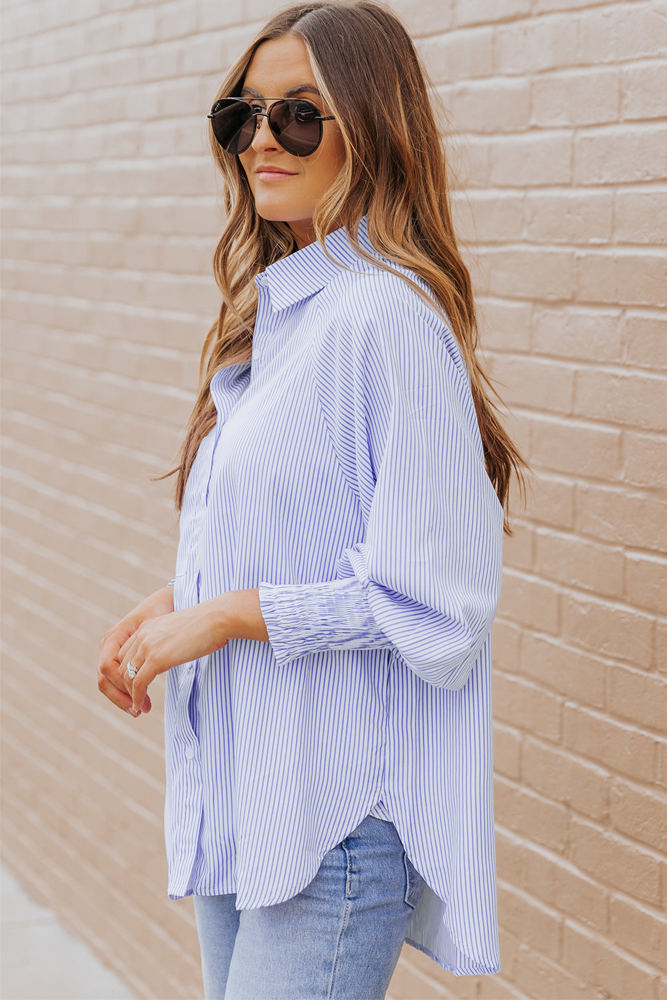 Skye Smocked Cuffed Striped Boyfriend Shirt with Pocket