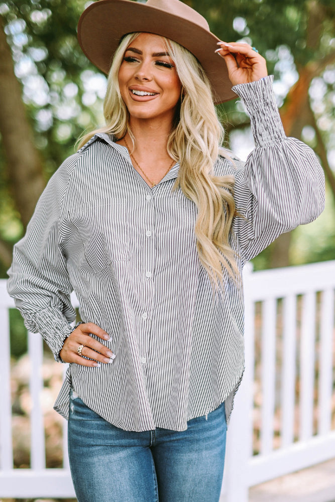 Skye Smocked Cuffed Striped Boyfriend Shirt with Pocket