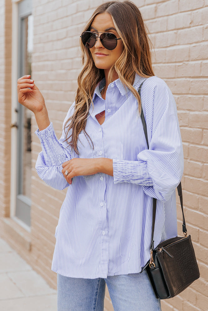 Skye Smocked Cuffed Striped Boyfriend Shirt with Pocket