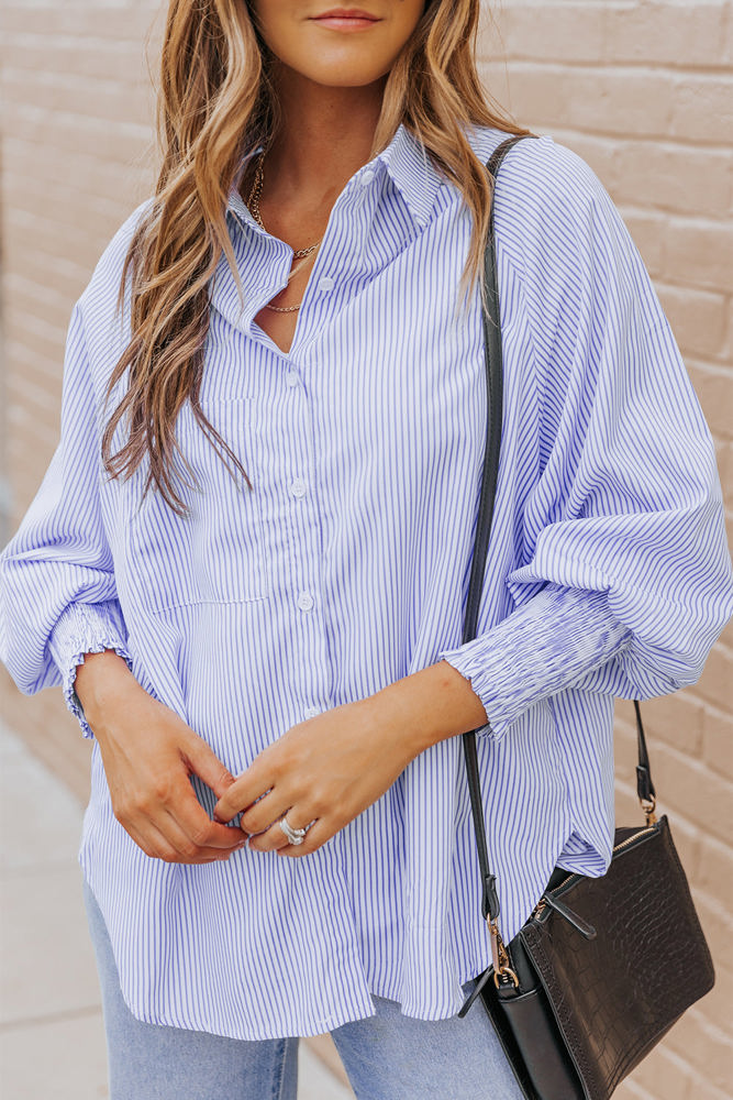 Skye Smocked Cuffed Striped Boyfriend Shirt with Pocket