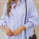 Blue Large Skye Smocked Cuffed Striped Boyfriend Shirt with Pocket