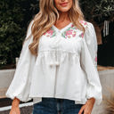 White Medium Skylar Flower Lace-up Babydoll Blouse