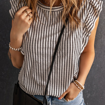 Sofia Crew Neck Ruffled Striped Tank Top