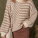 Khaki Stripe Large Sofia Shoulder Balloon Sleeve Sweater