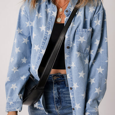 Star Light Wash Raw Hem Denim Jacket
