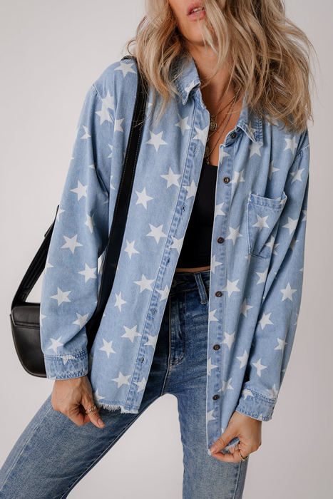 Star Light Wash Raw Hem Denim Jacket