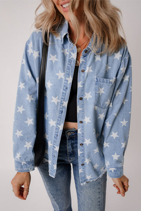 Star Light Wash Raw Hem Denim Jacket