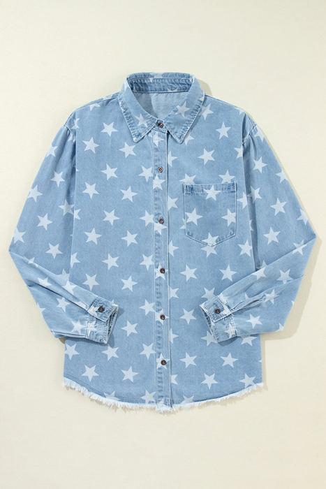 Star Light Wash Raw Hem Denim Jacket