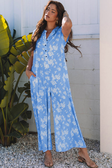 Stella Floral Half Button Wide Leg Jumpsuit