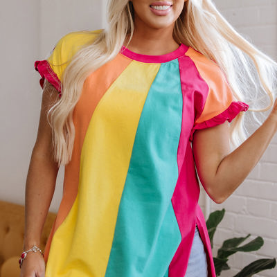 Stormi Color Block Ruffled Crew Neck Loose Fit Top