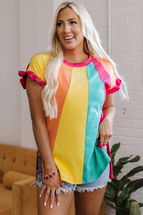 Stormi Color Block Ruffled Crew Neck Loose Fit Top