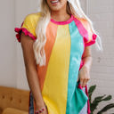  Stormi Color Block Ruffled Crew Neck Loose Fit Top