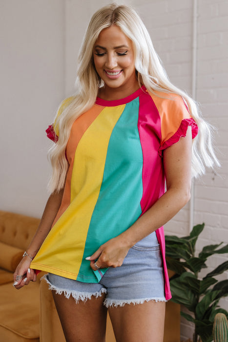 Stormi Color Block Ruffled Crew Neck Loose Fit Top