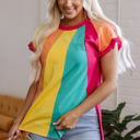  Stormi Color Block Ruffled Crew Neck Loose Fit Top