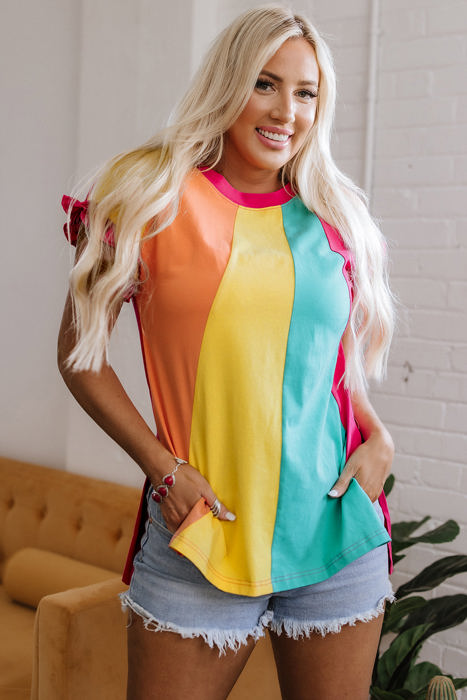 Stormi Color Block Ruffled Crew Neck Loose Fit Top