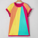  Stormi Color Block Ruffled Crew Neck Loose Fit Top