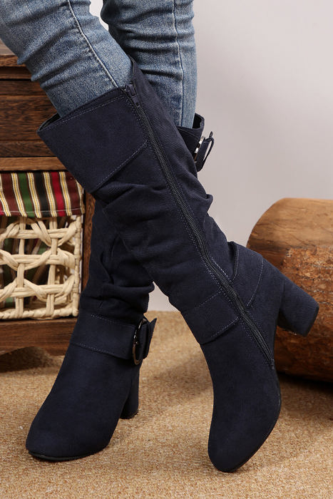 Suede Double Buckled Side Zipped Mid-calf Boots