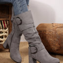  Suede Double Buckled Side Zipped Mid-calf Boots