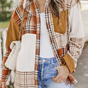 Orange XL Sutton Plaid Color Block Patchwork Shirt Jacket with Pocket