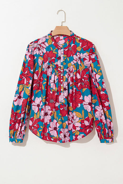 Taylor Floral Balloon Sleeve Half Buttons Blouse