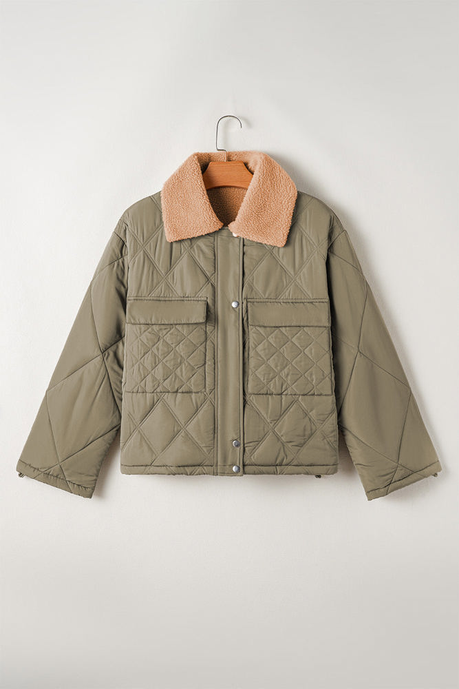 Teddy Collar Flap Pockets Quilted Puffer Jacket