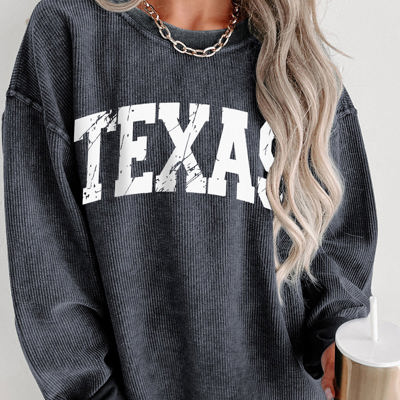 Texas Ribbed Knit Round Neck Pullover Sweatshirt