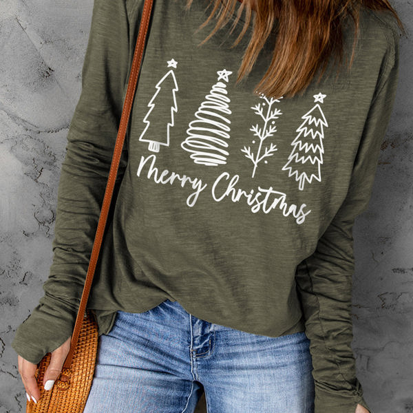 Thea Merry Christmas Trees Thumbhole Sleeve Graphic Tee