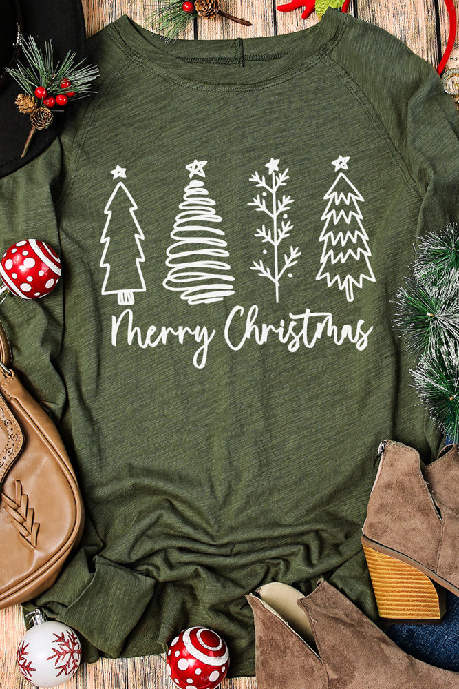 Thea Merry Christmas Trees Thumbhole Sleeve Graphic Tee