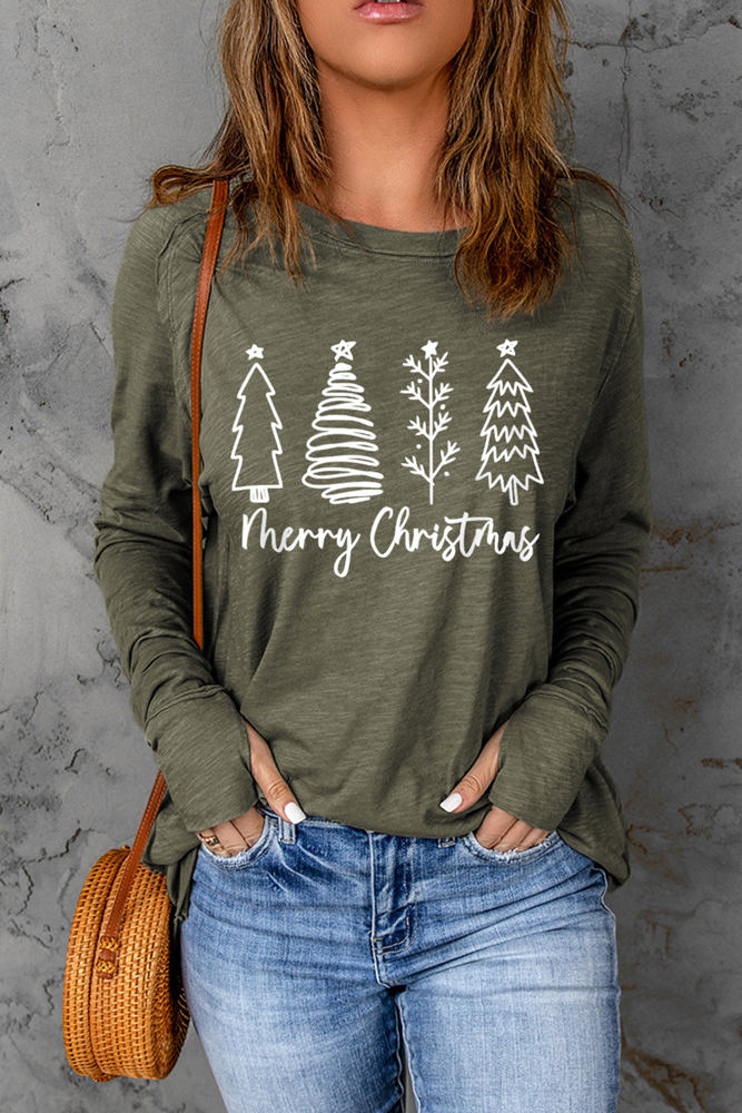 Thea Merry Christmas Trees Thumbhole Sleeve Graphic Tee