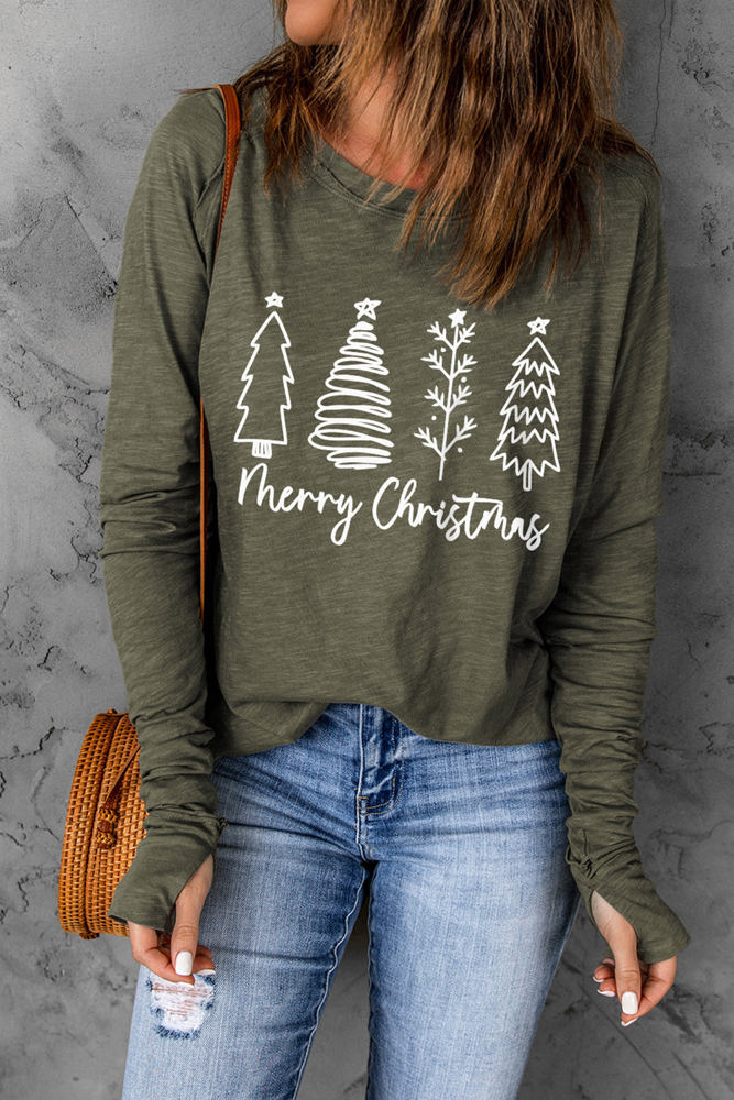 Thea Merry Christmas Trees Thumbhole Sleeve Graphic Tee