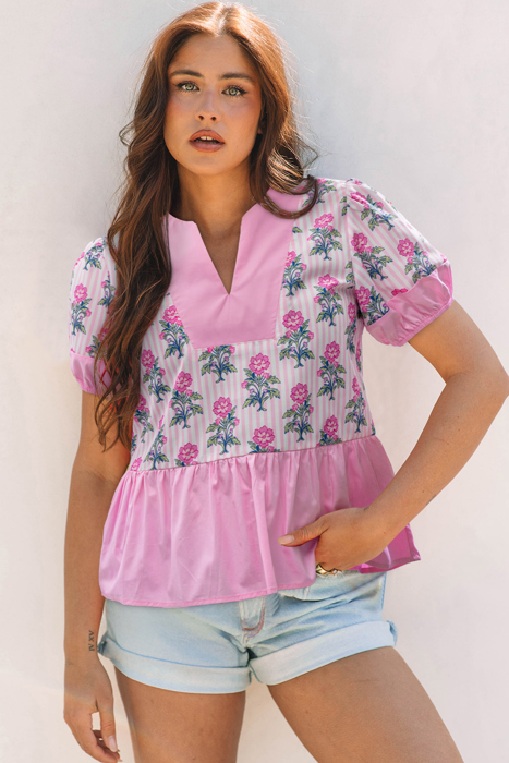 Theodora Patchwork Ruffle Hem Blouse