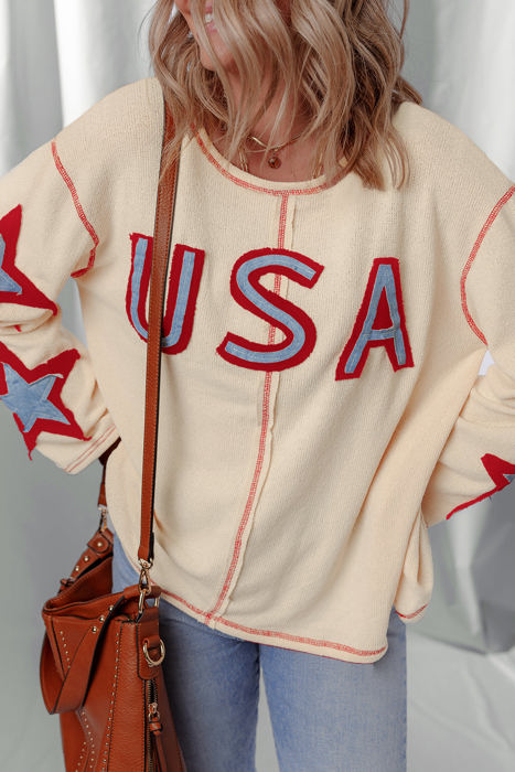 USA Patchwork Exposed Seam Long Sleeve Top